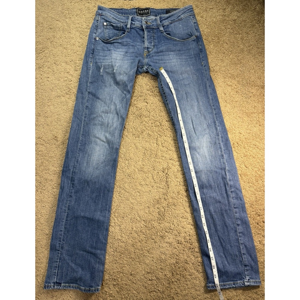 Guess Vermont Slim Straight Jeans Men 29 Blue Distressed‎ Button Fly Low Rise - Picture 8 of 10